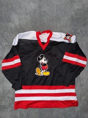 Vintage 90s Mickey Mouse Hockey Jersey Genus Size M/L Black Red #1